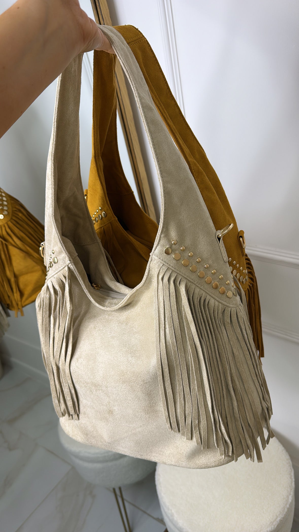 ARABELLA stone studded fringe suede tote bag