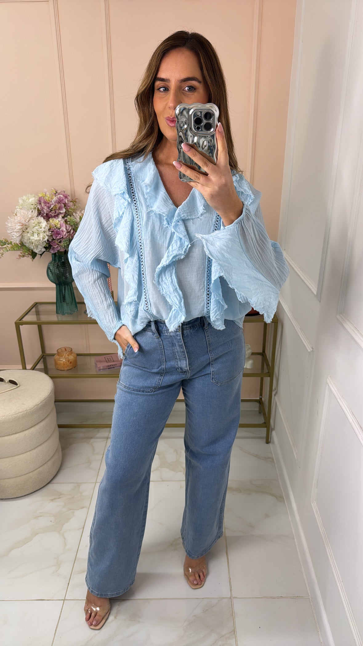 CHLOE blue ruffle frayed crochet cotton blouse