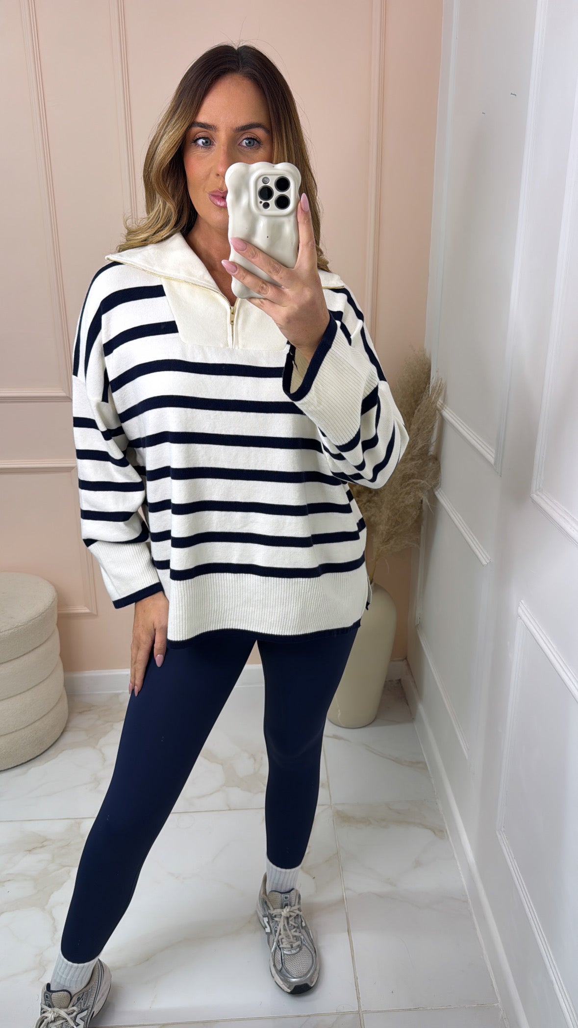 MAEVE white navy stripe knit half zip sweatshirt