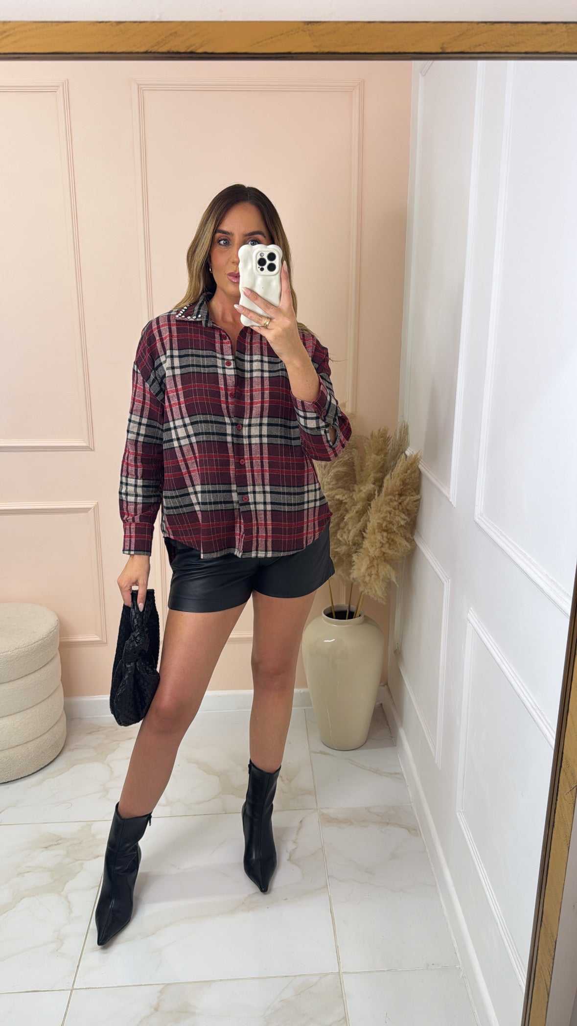 HAZEL wine check print embellished collar shirt