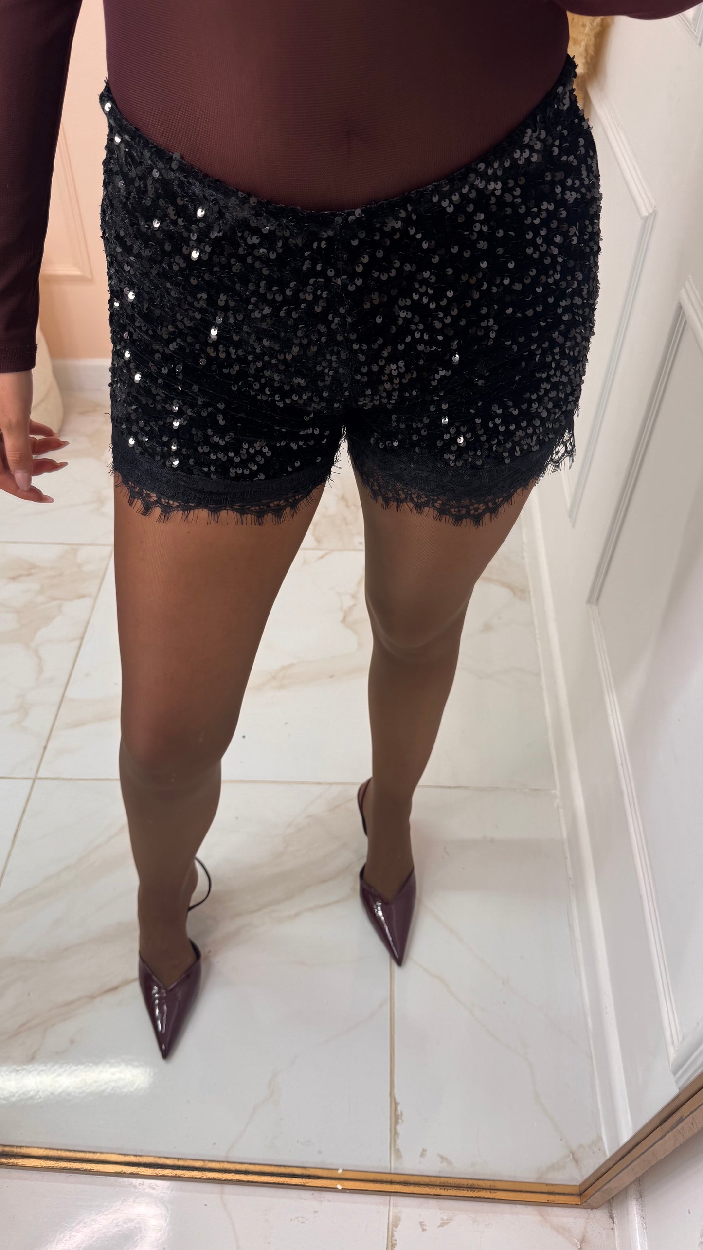 GIGI black sequin lace trim shorts
