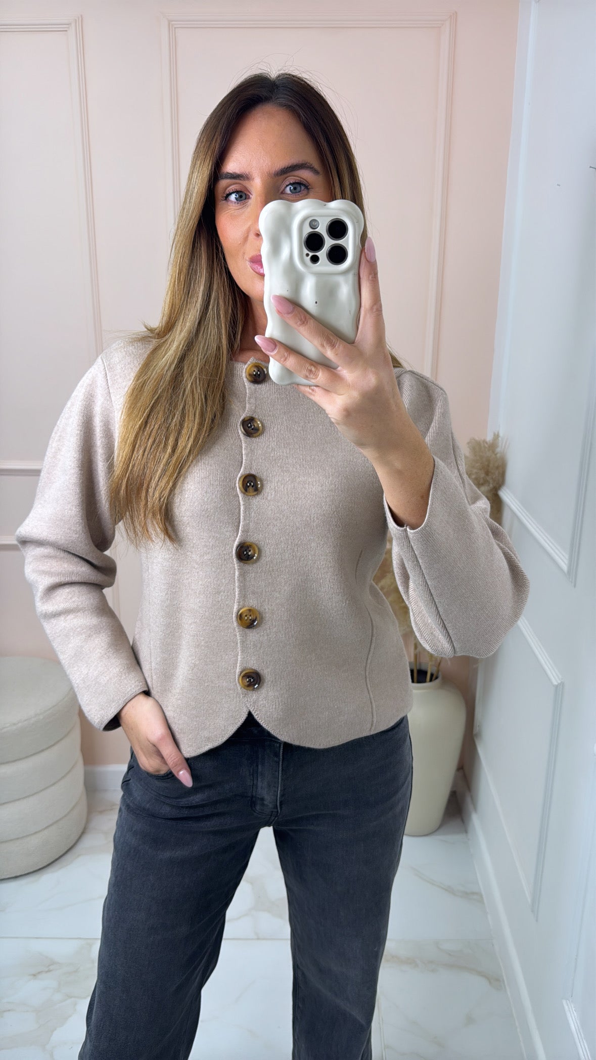 JODIE taupe button fitted cardigan