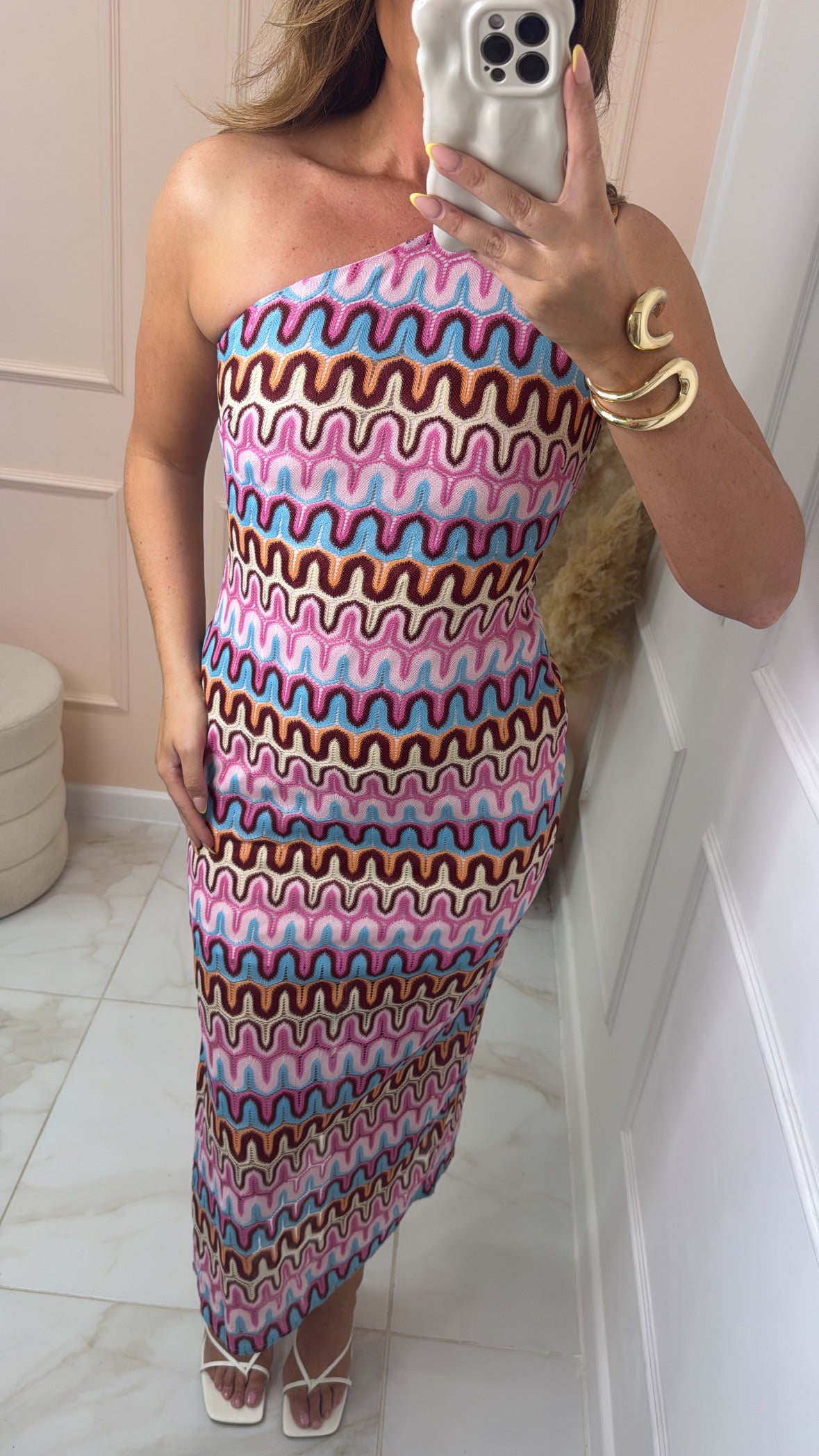 UNA pink knit one shoulder dress