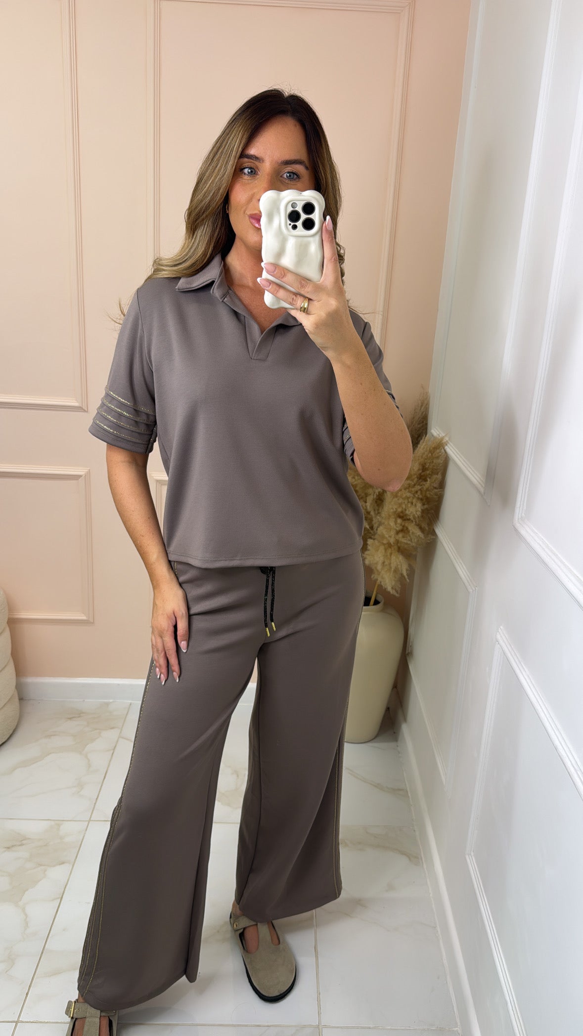 BETHANY taupe metallic collared lounge set