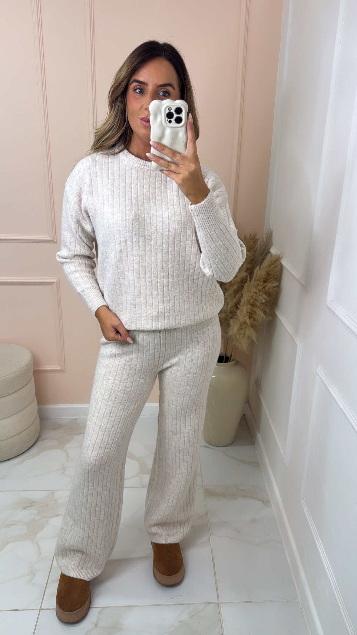 MILLIE oatmeal ribbed soft knit lounge set