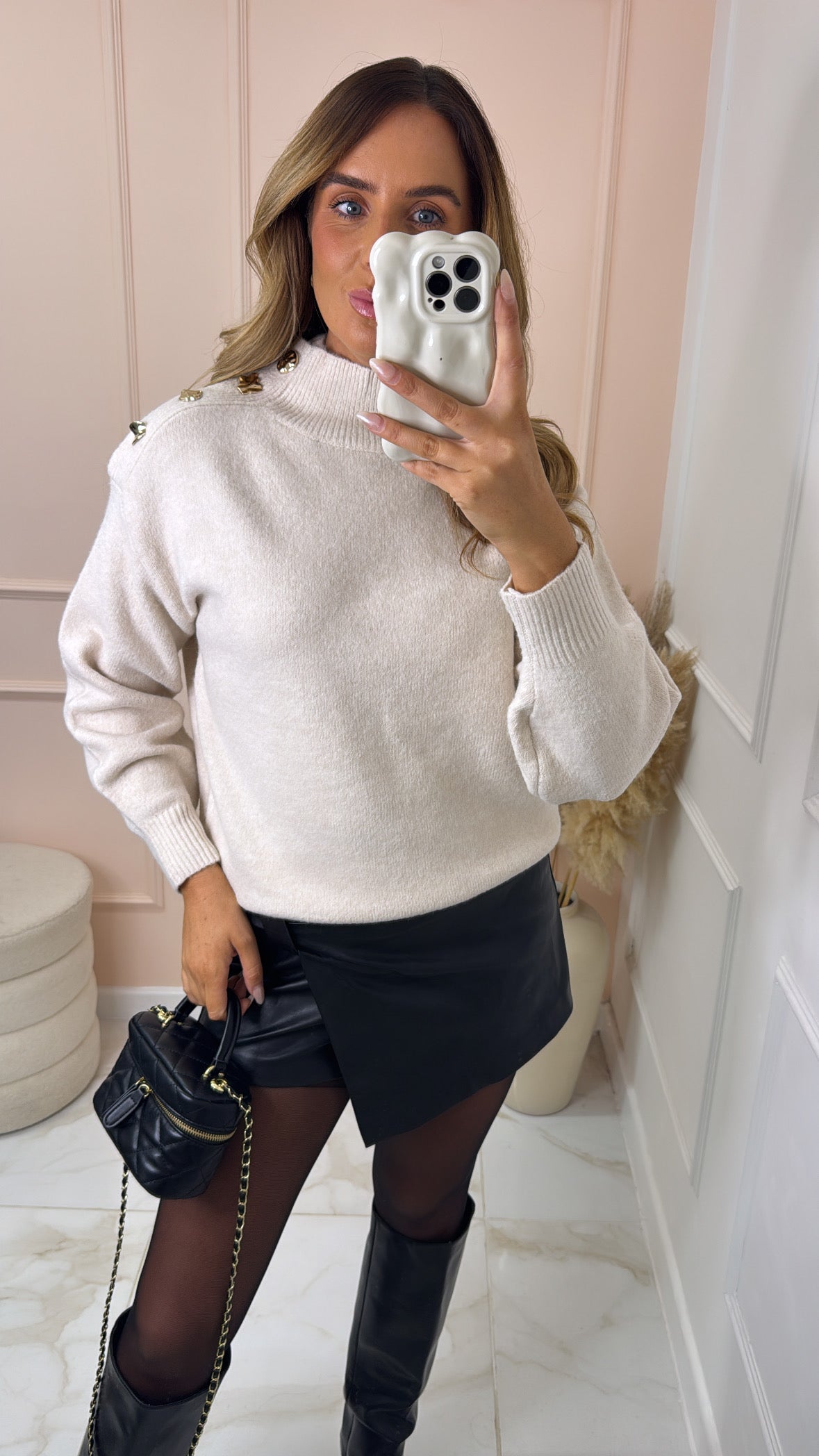 EDEN cream button shoulder high neck jumper