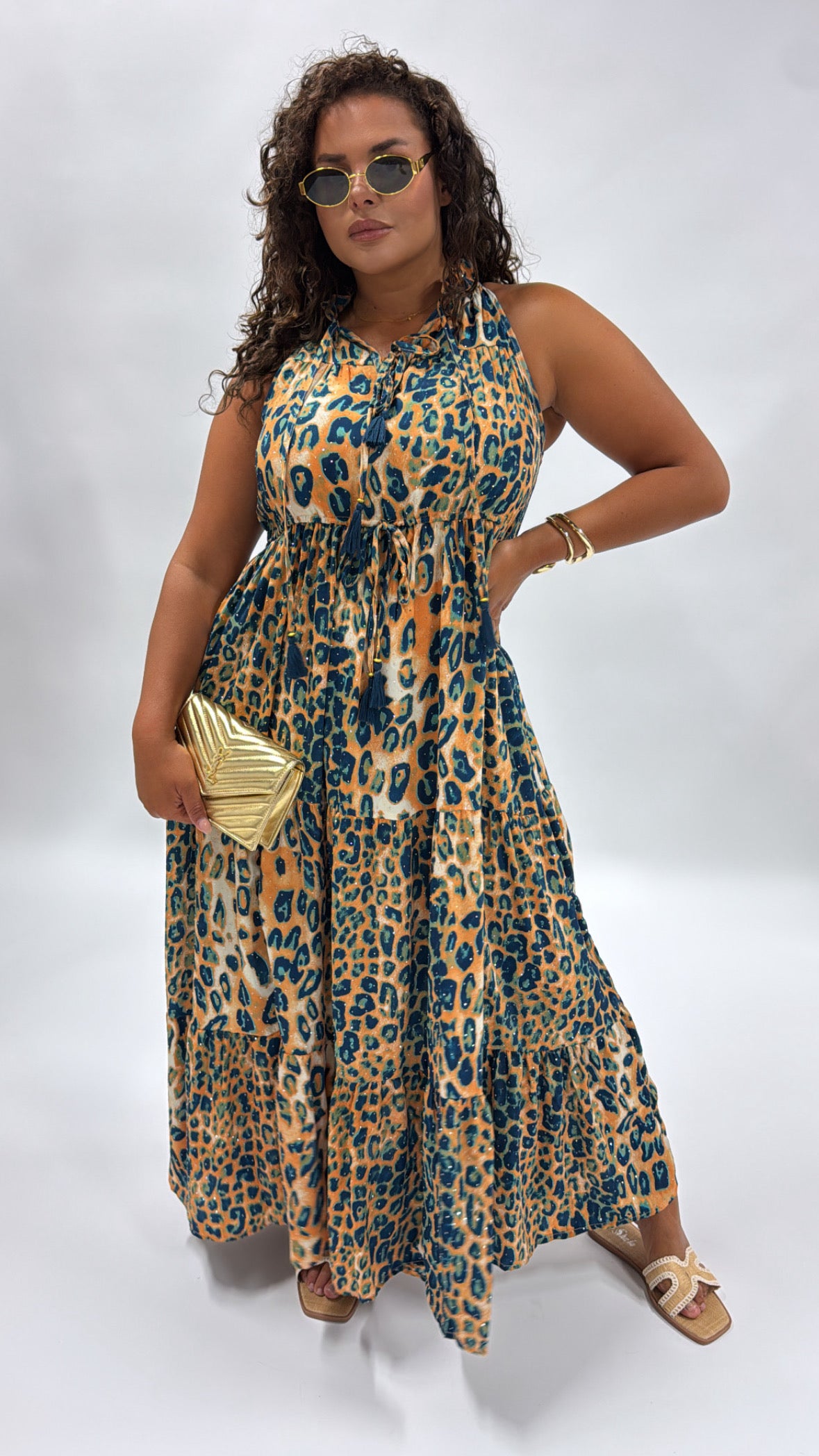 FIFI orange diamante animal print maxi dress