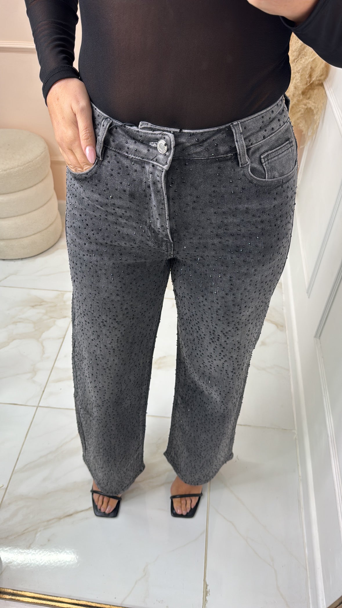 BIANCA charcoal diamante straight leg jeans