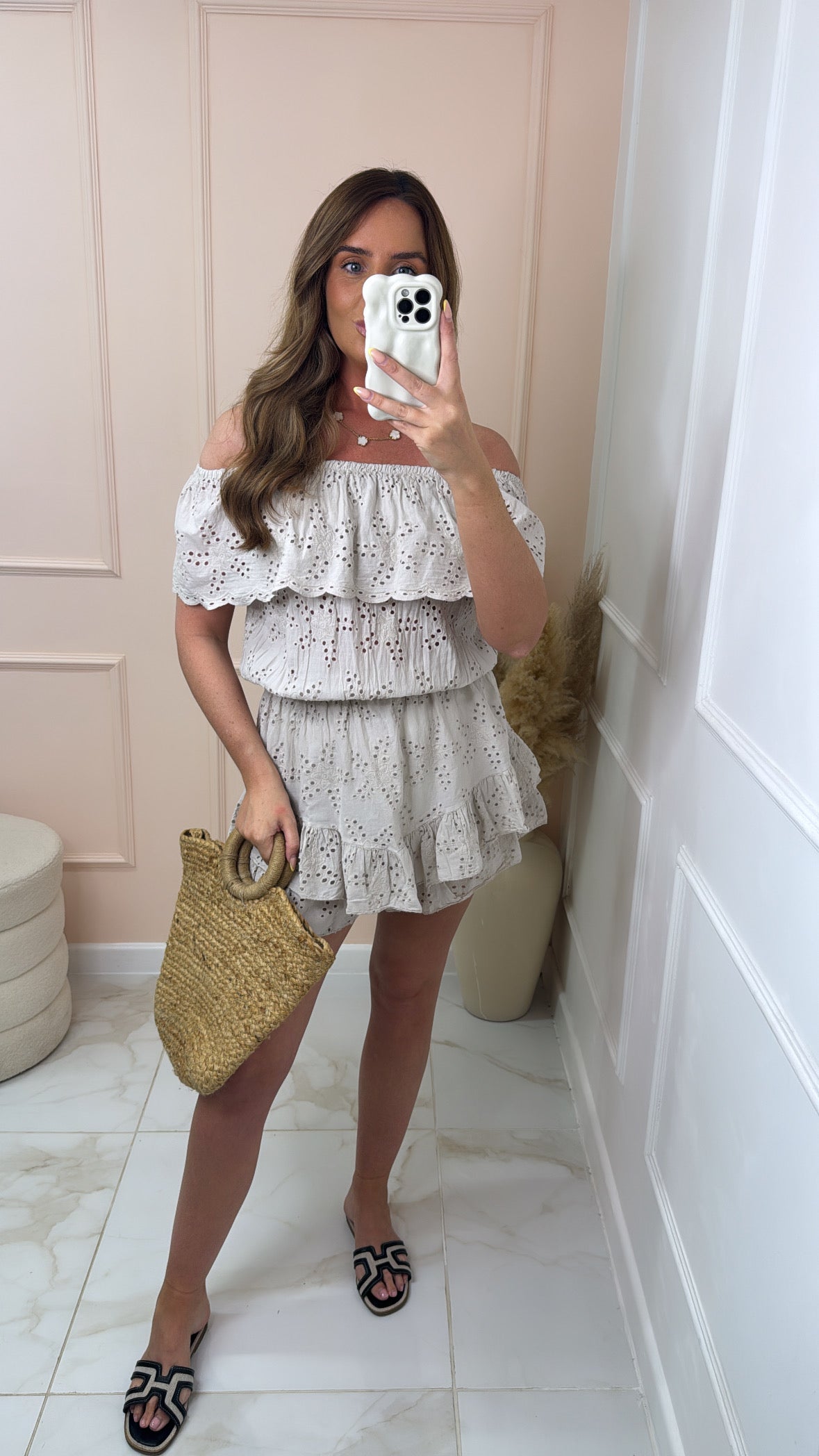 JILLY beige broderie bardot frill playsuit