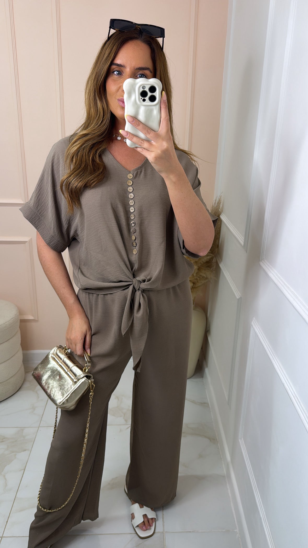 MAE taupe button tie front trouser set