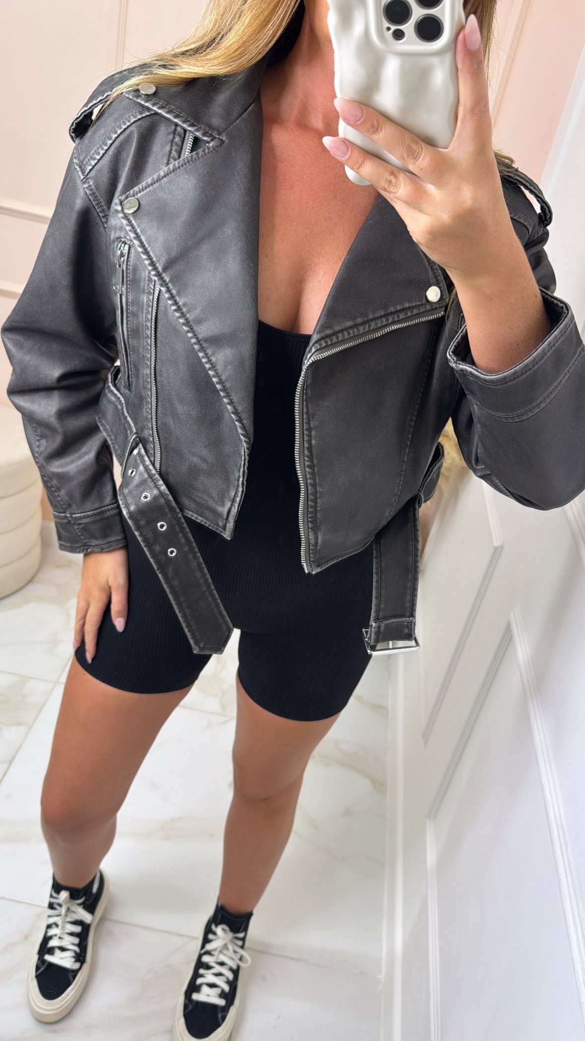 UNA charcoal faux leather cropped biker jacket