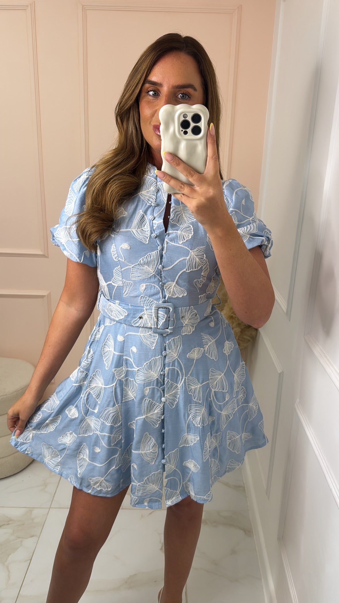 NELLIE blue patterned belted mini dress