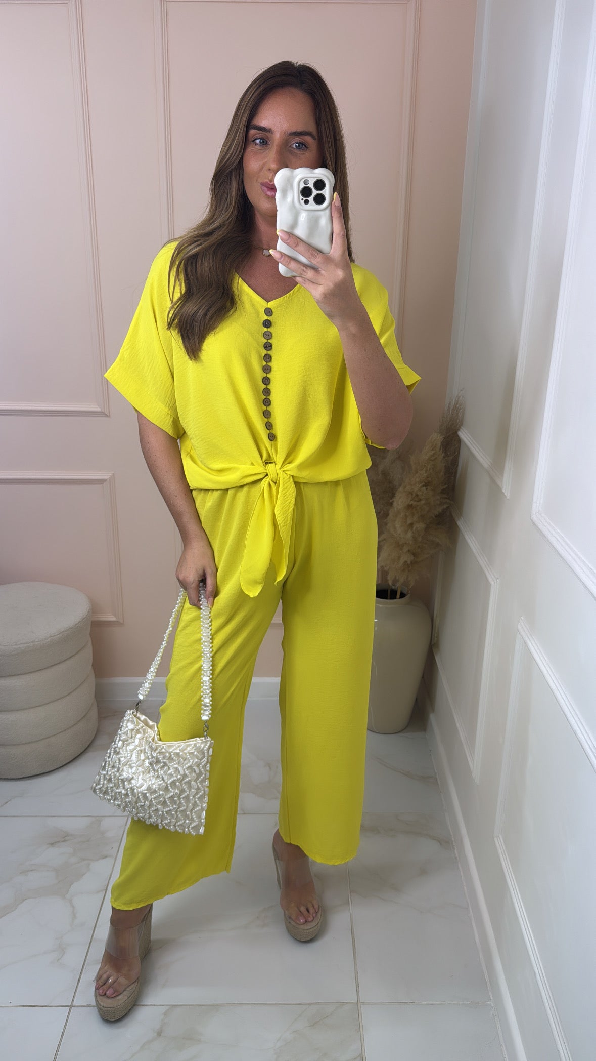 MAE yellow button tie front trouser set