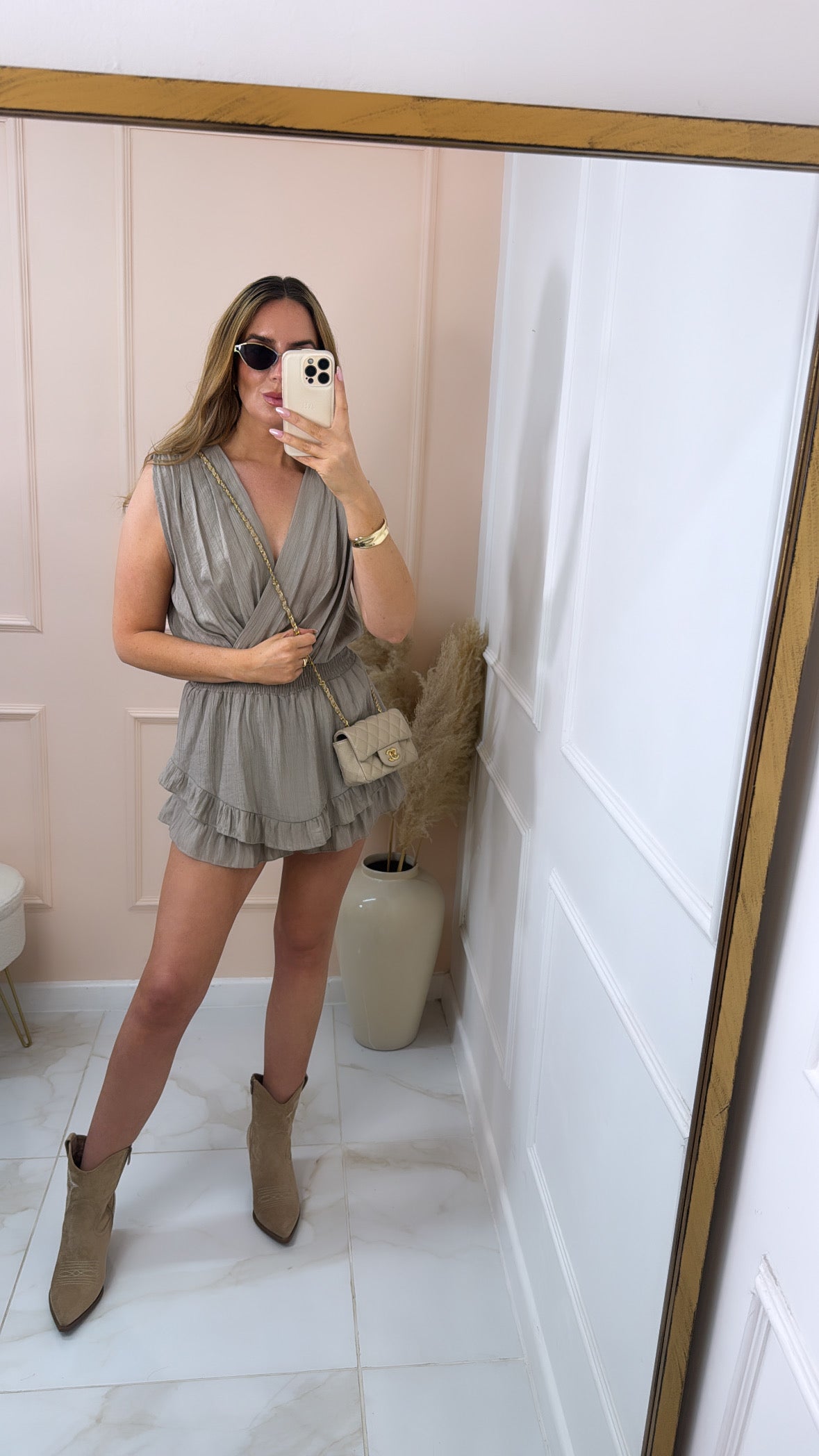 REMI taupe crossover ruffle playsuit