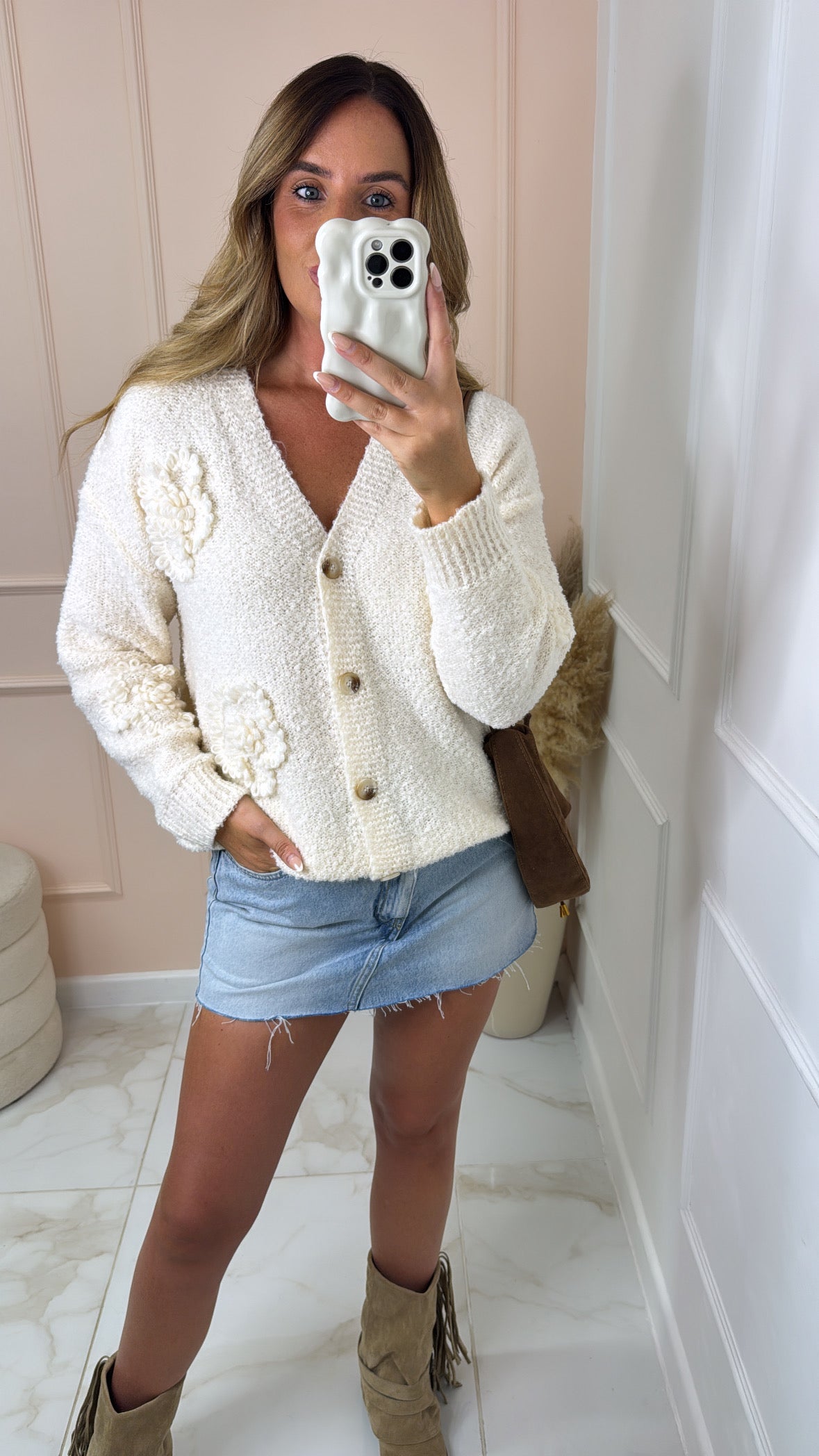 LIZZIE ivory soft knit flower cardigan