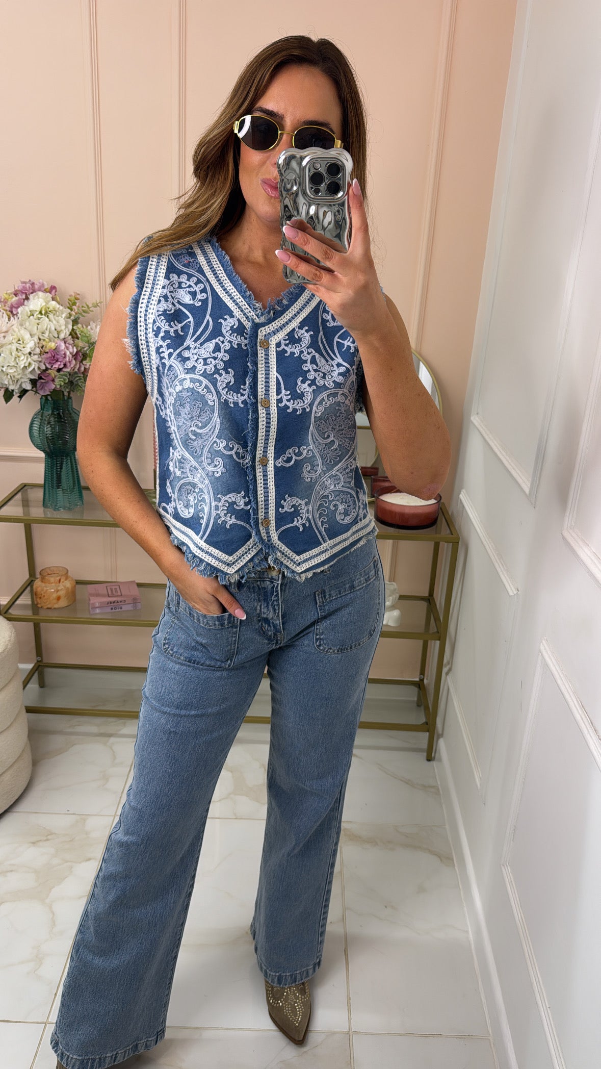 PERLA denim embroidered waistcoat