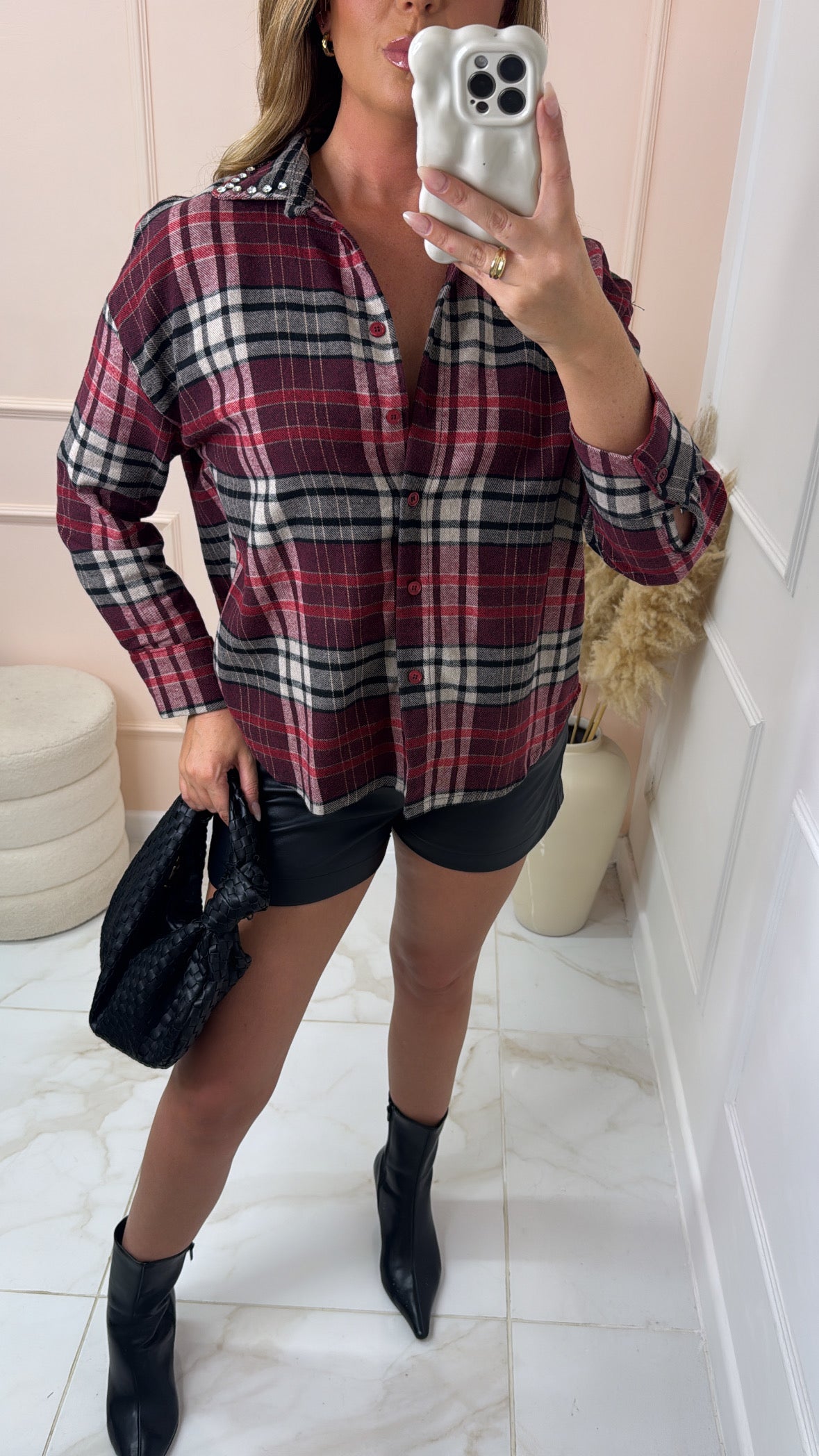 HAZEL wine check print embellished collar shirt