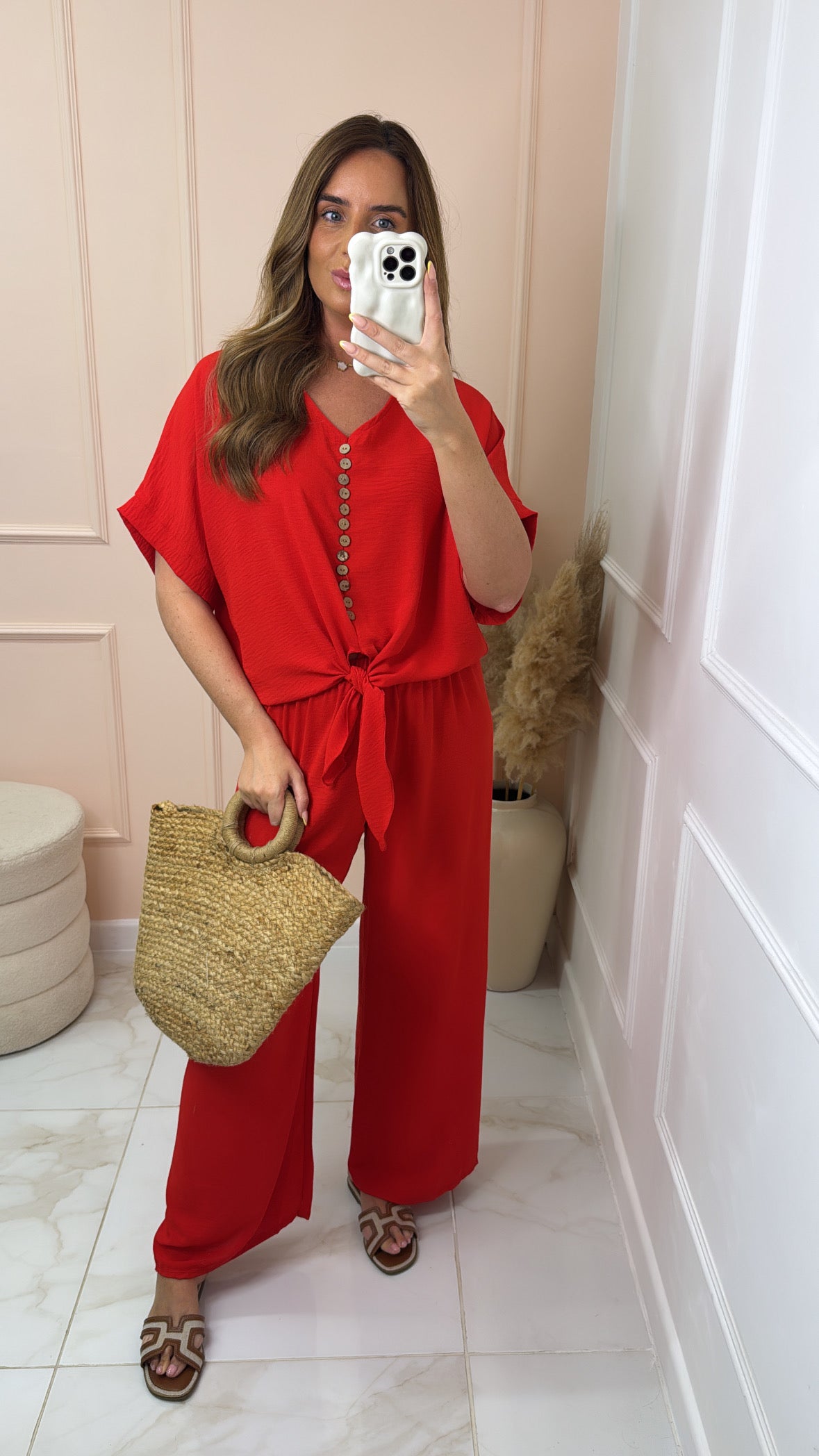 MAE red button tie front trouser set
