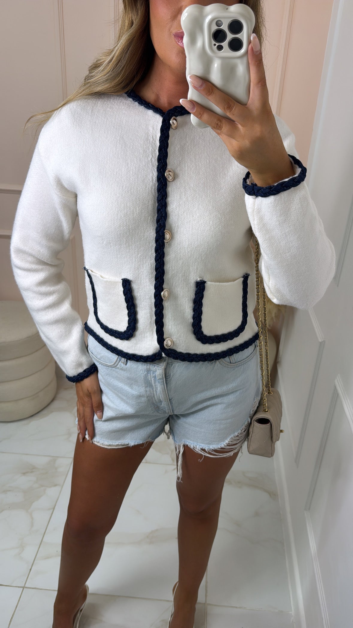 RUBY cream & navy button detail cardigan