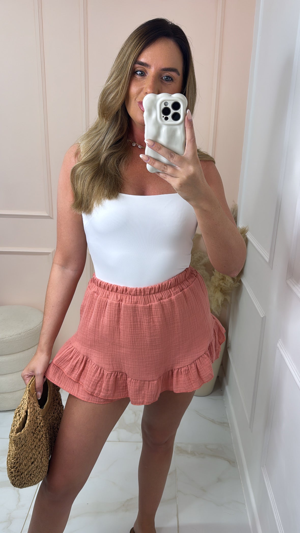 SALLY coral cheesecloth frill skort