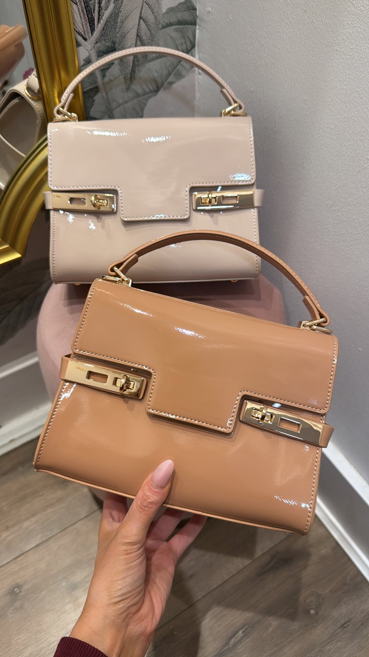 HARPER tan patent gold detail grab bag
