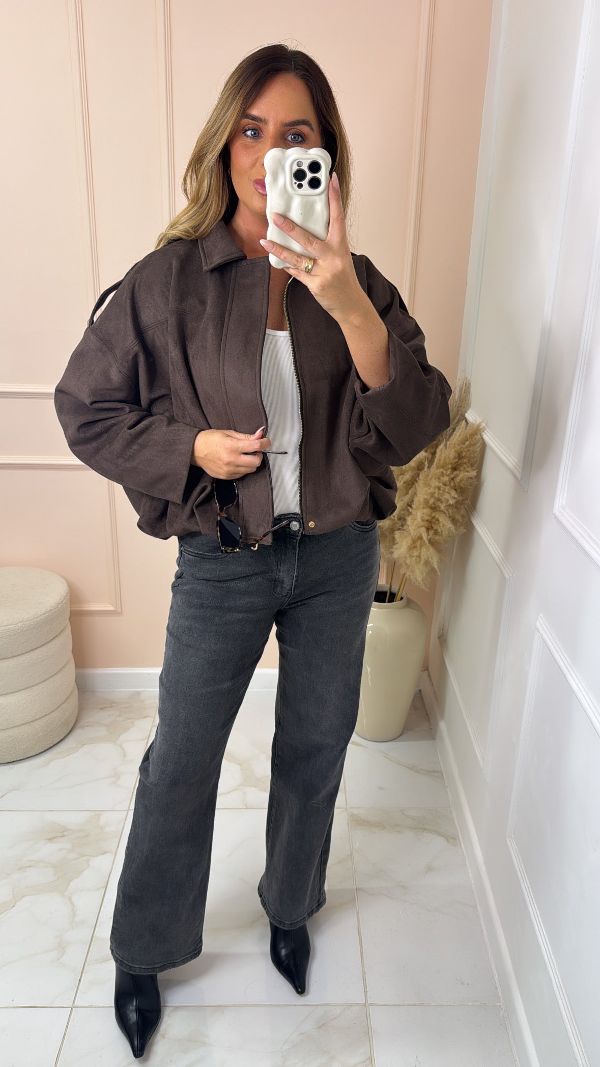 MABEL chocolate puffball suede jacket