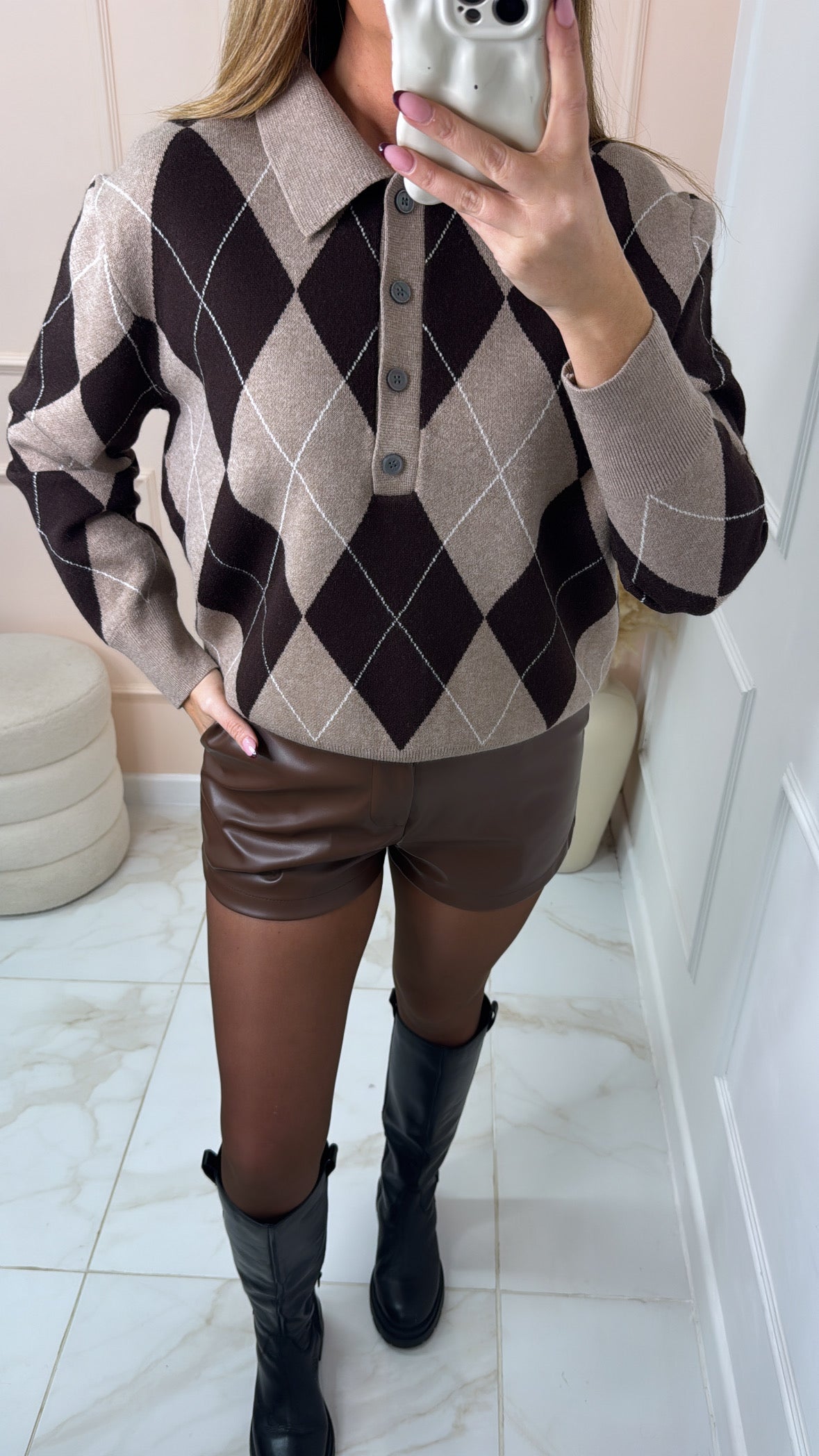 MADDY beige argyle collared jumper