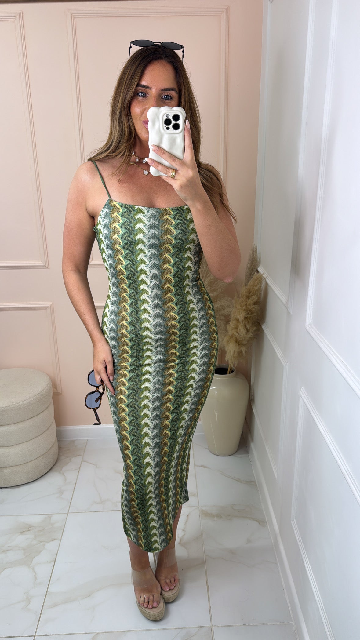 EMMA khaki zig zag wave print midi dress