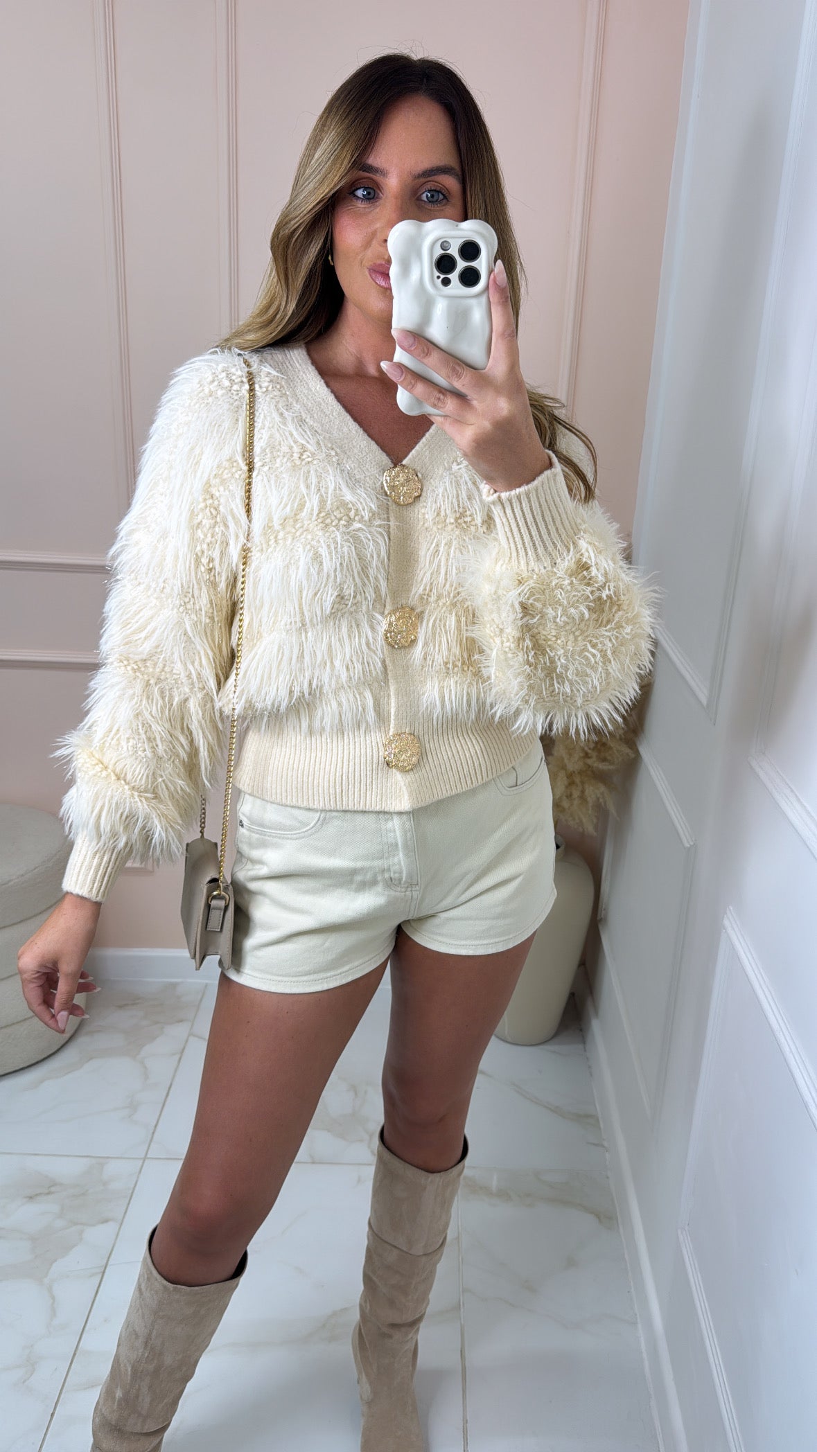 ROBERTA cream faux fur metallic cardigan
