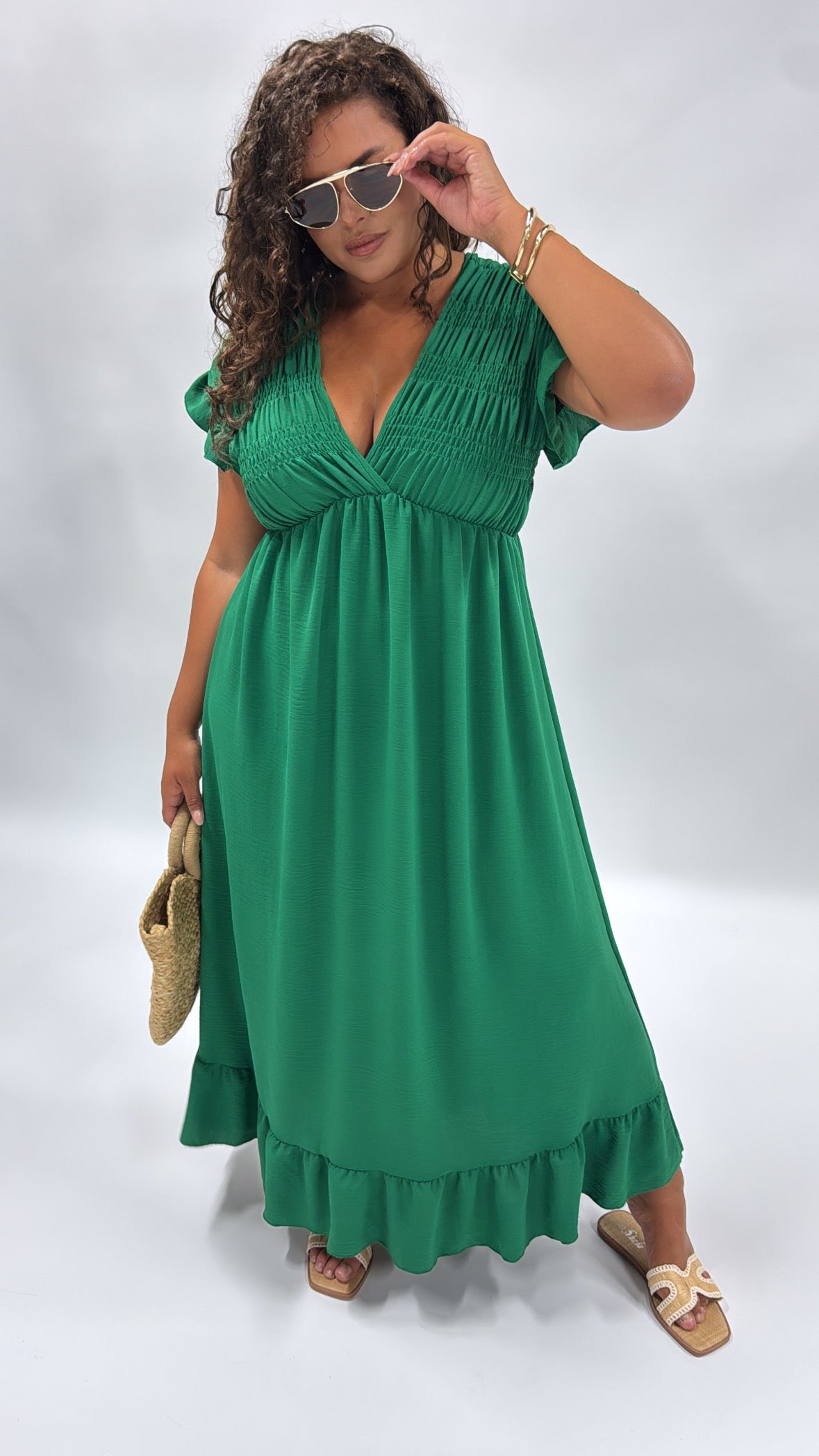 IMOGEN green frill sleeve maxi dress