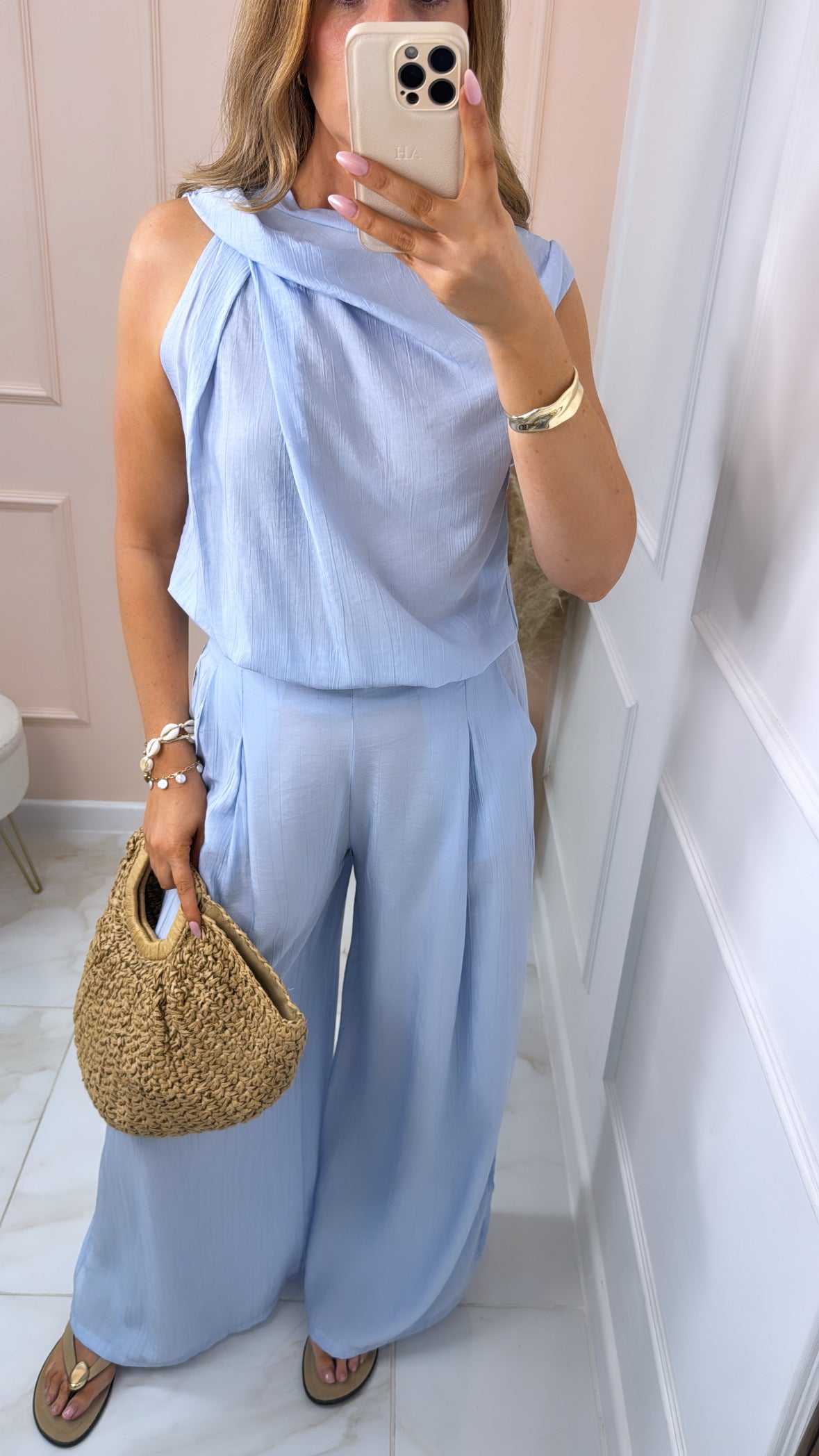 MAEVE blue gathered detail trouser set