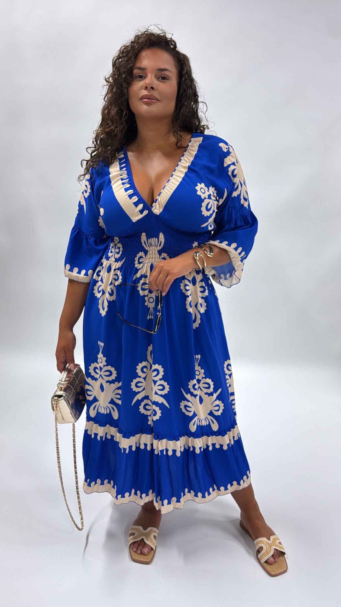 BRODIE blue printed shirred maxi dress