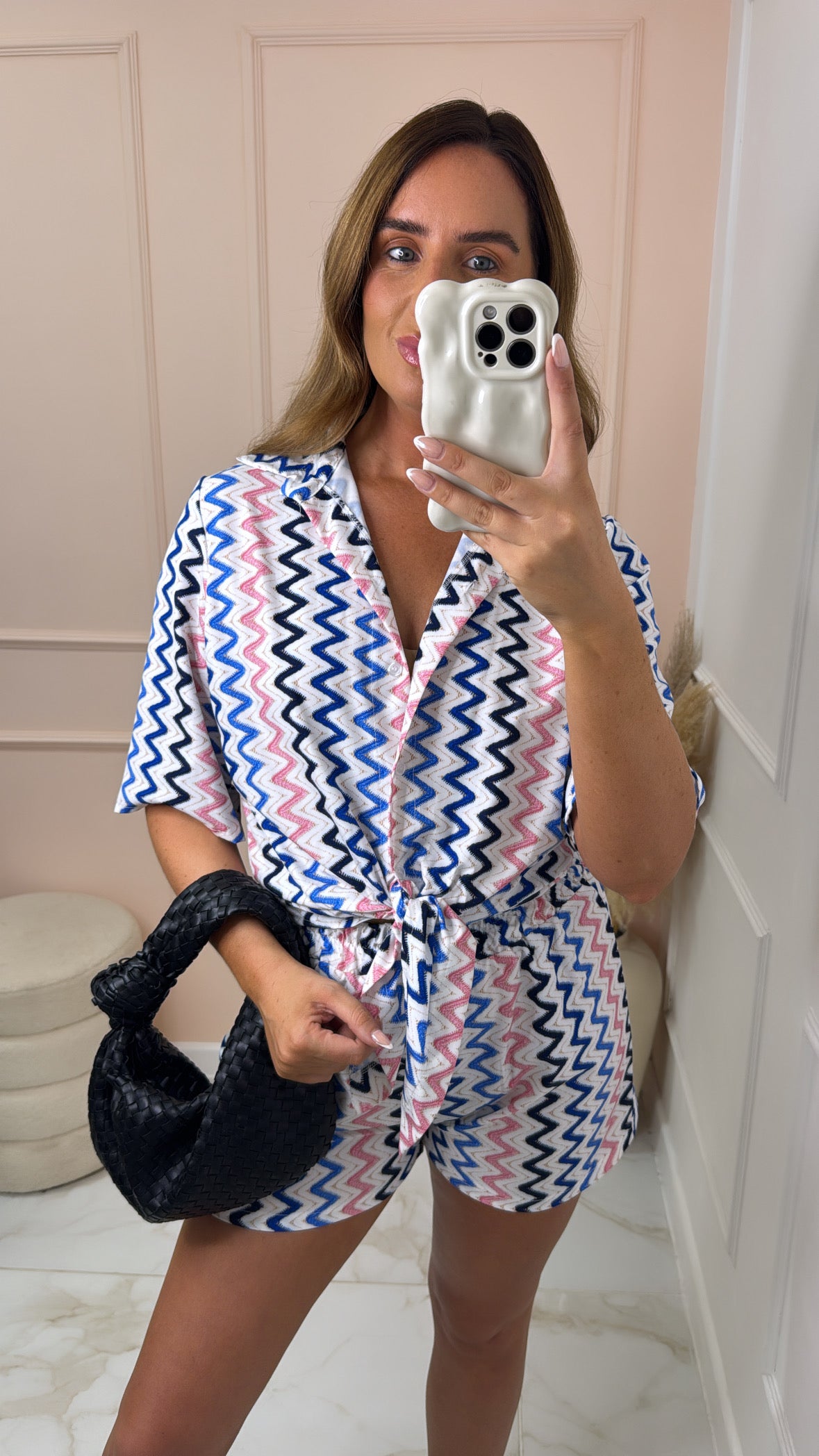 LUCIE blue zig zag tie front short set