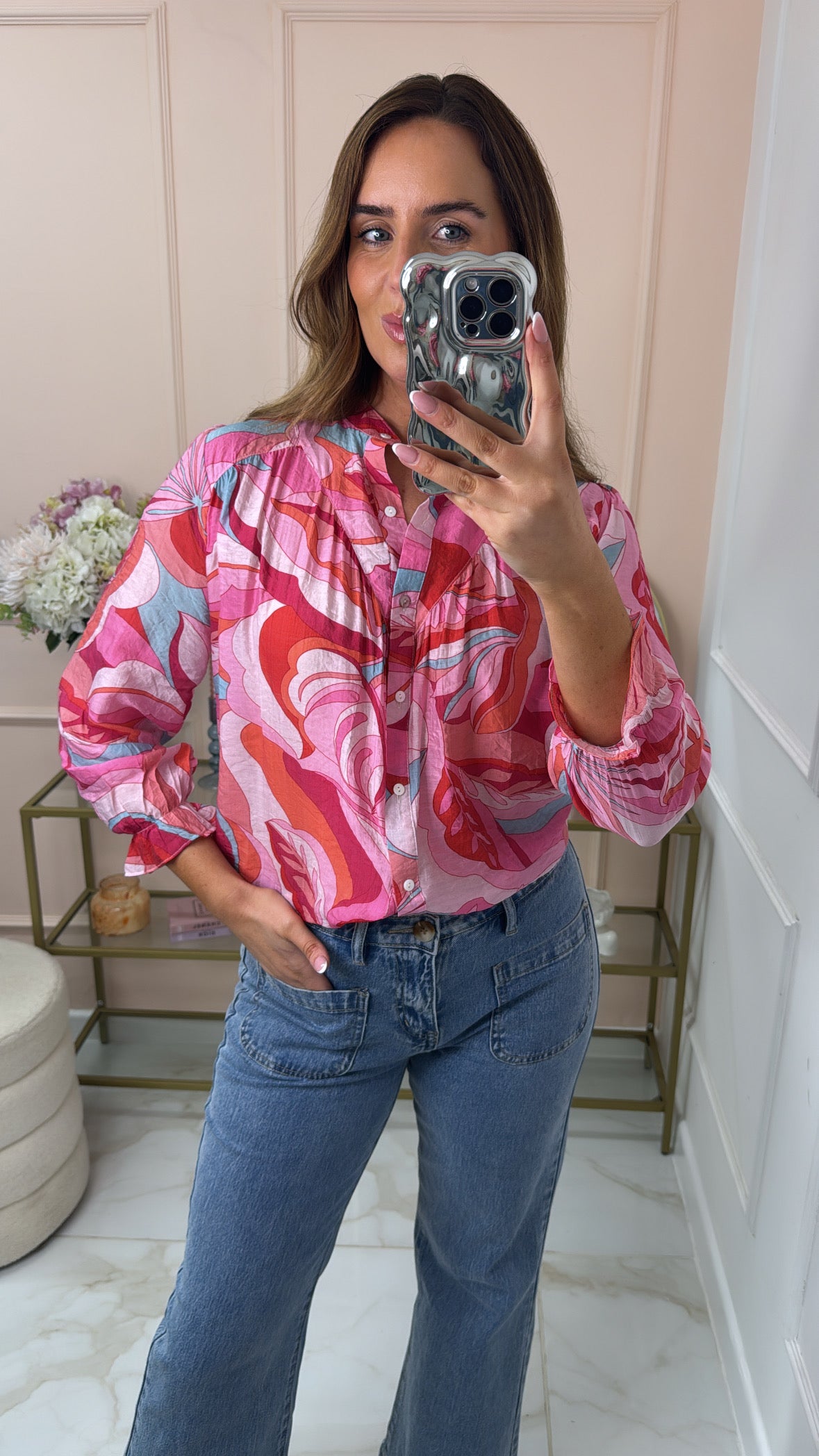 SADIE fuchsia printed puff sleeve blouse
