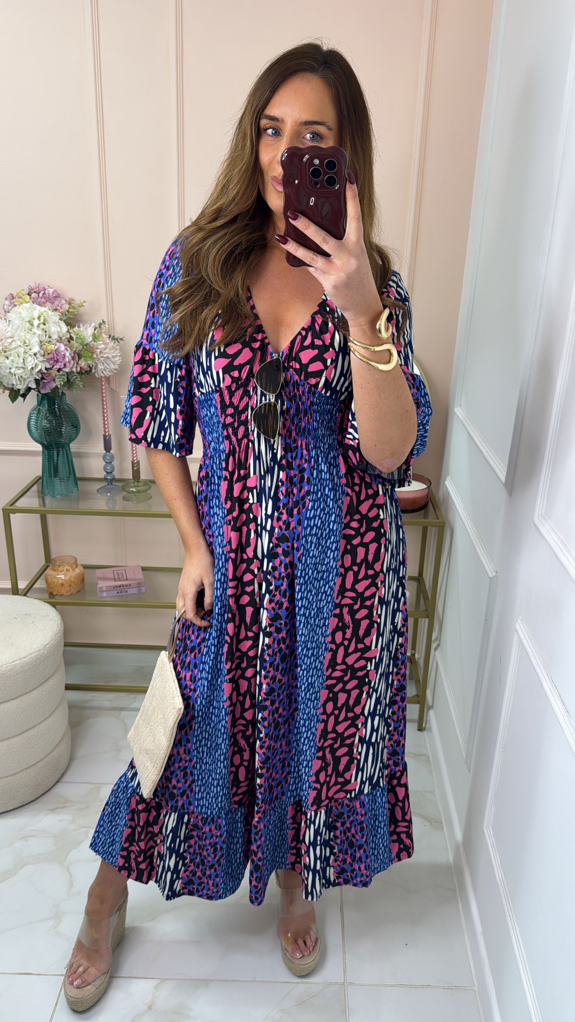 JUNA blue & pink leopard shirred waist midi dress