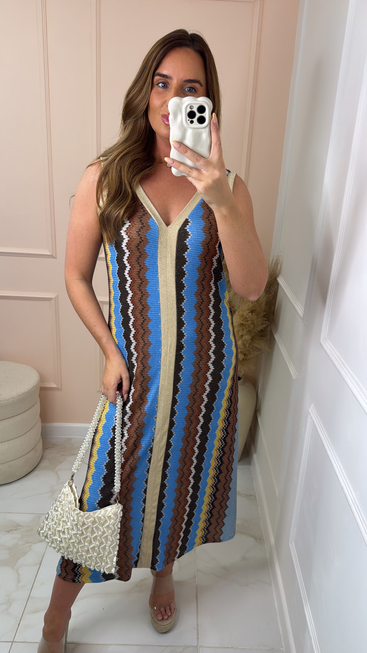 ABBIE brown fine knit zig zag maxi dress