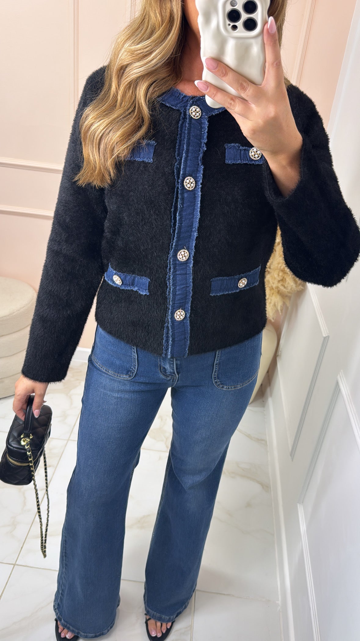 MEL black fuzzy knit studded cardigan