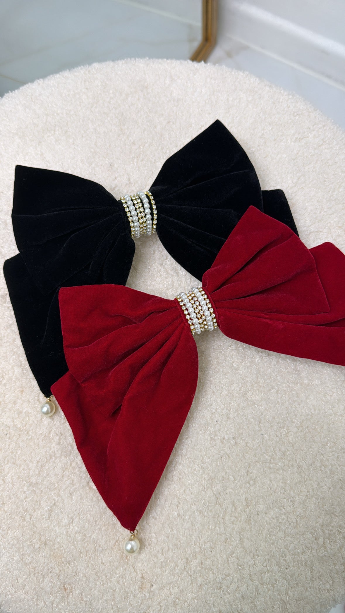 BECCA burgundy velvet crystal centre hair bow