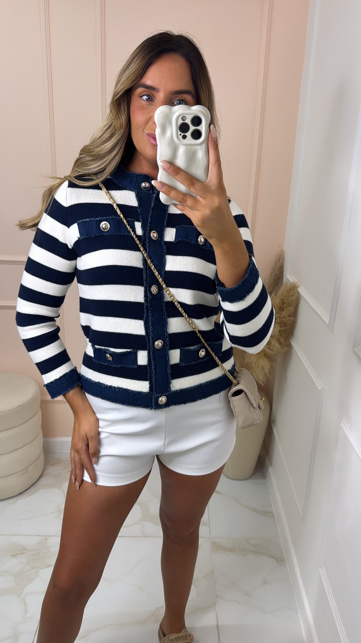 EMILIA navy stripe button denim detail cardigan
