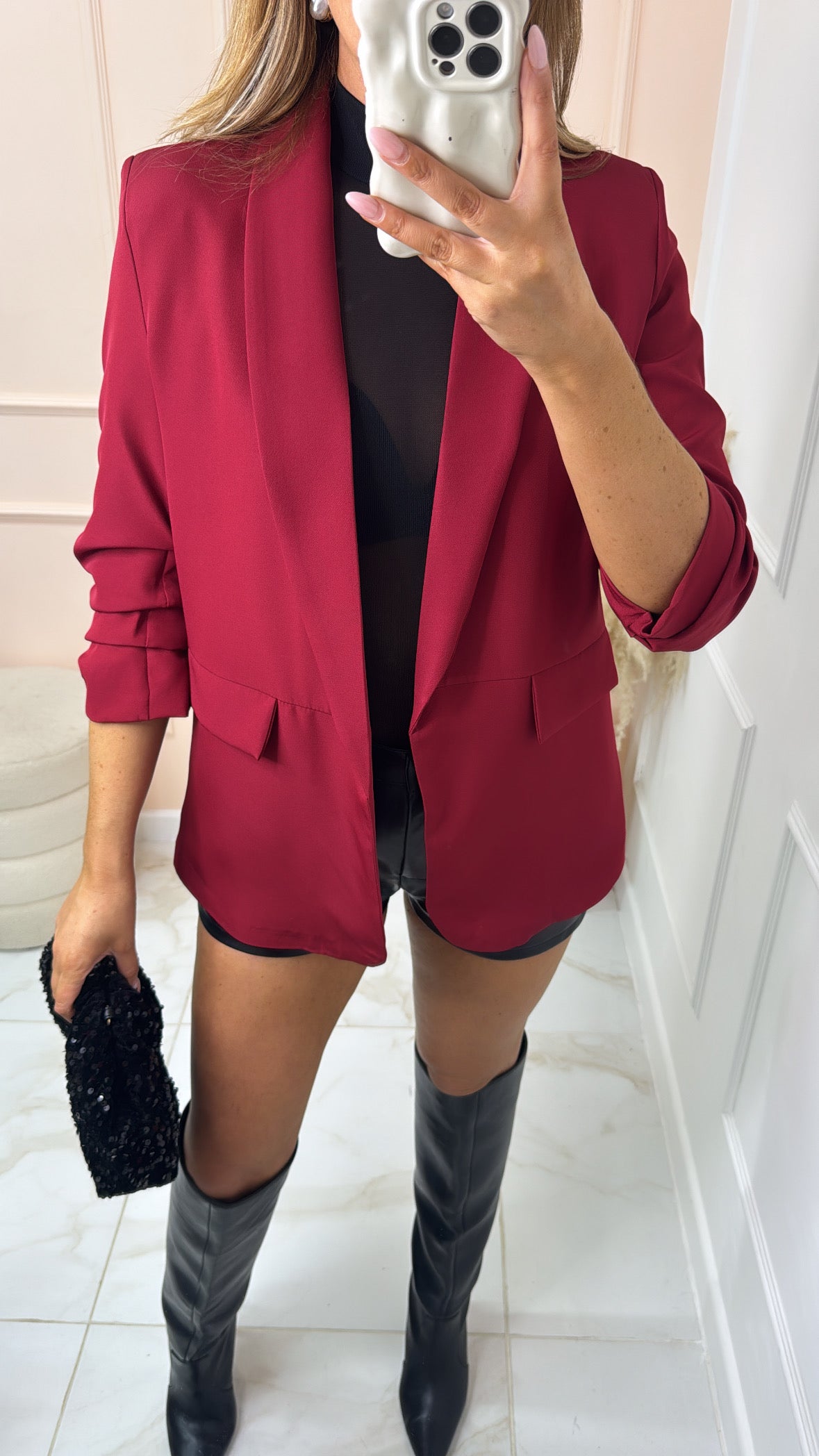 MABEL burgundy ruched sleeve blazer