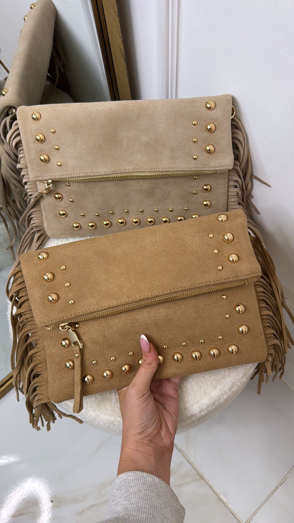FRANKIE tan suede tassel studded clutch bag