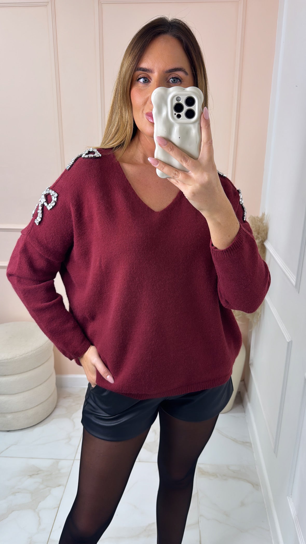 ISLA burgundy diamante bow detail jumper