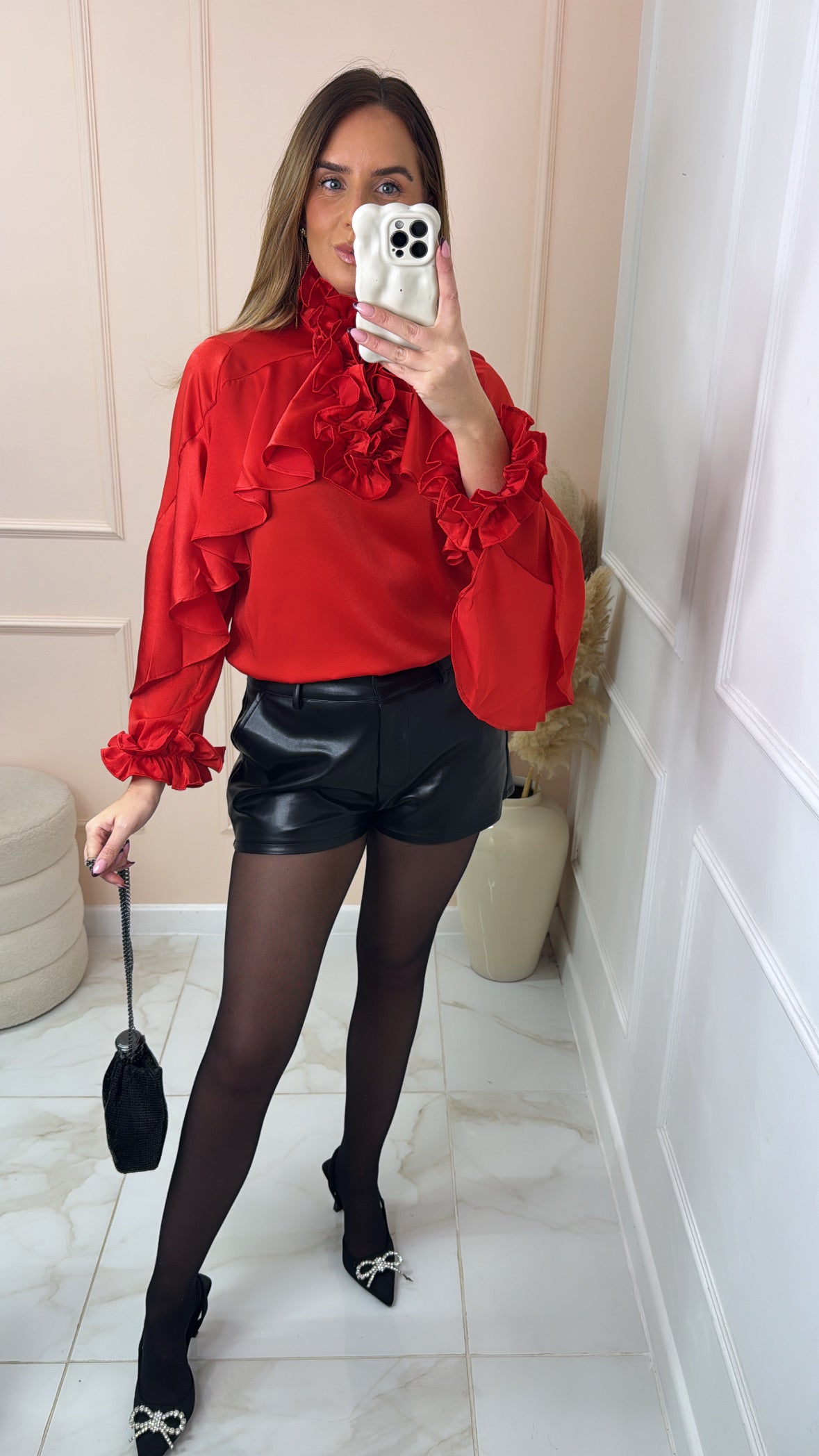 ARABELLA red satin frill blouse