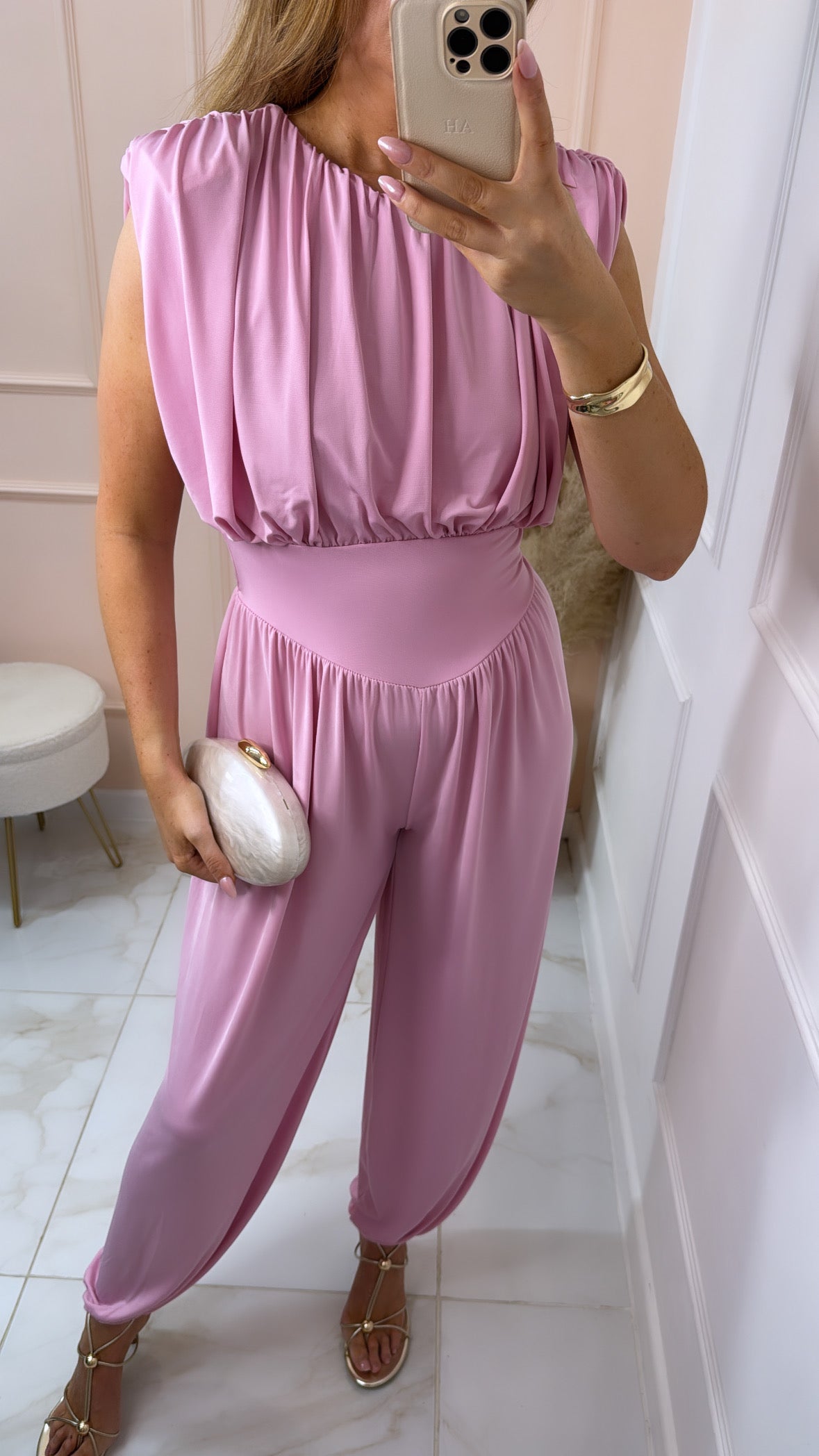 LUCY pink shoulder pad jumpsuit
