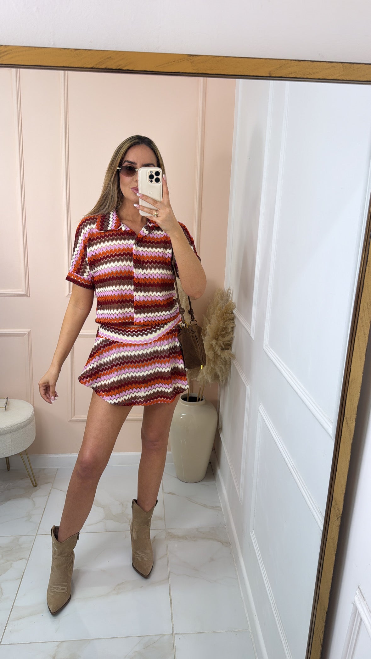HATTIE red multi zig zag collared skort set