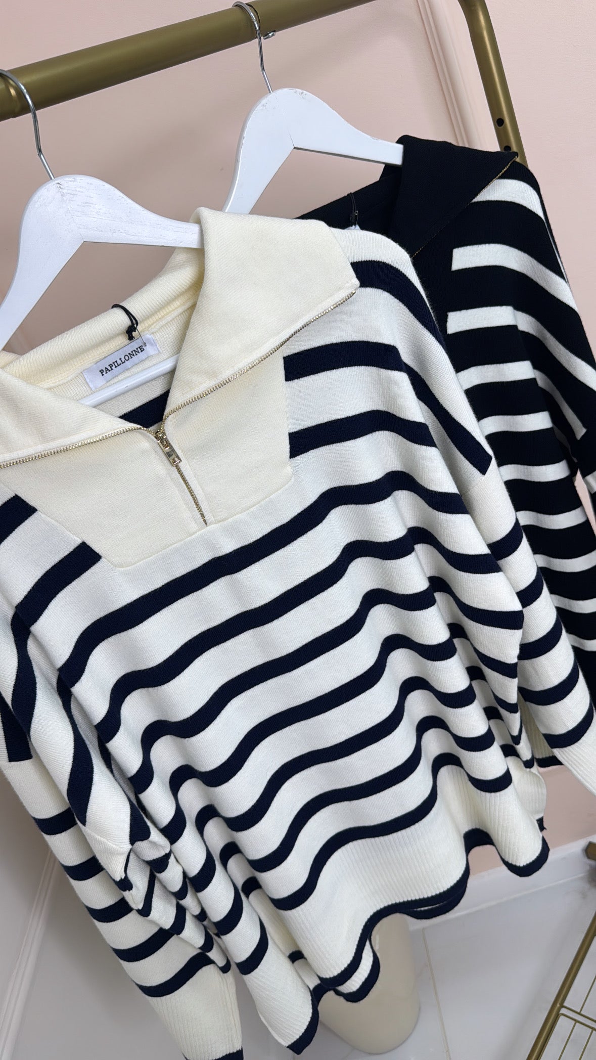 MAEVE white navy stripe knit half zip sweatshirt
