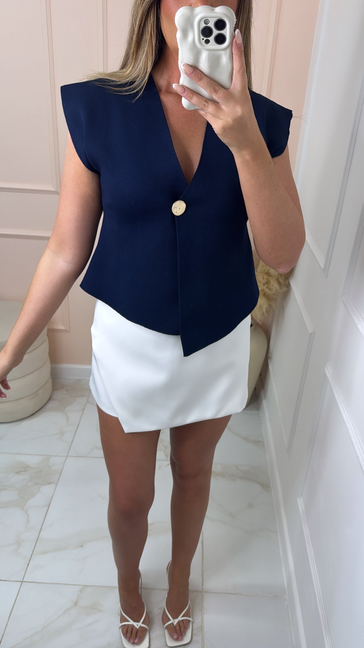 JENNI navy button fine knit top