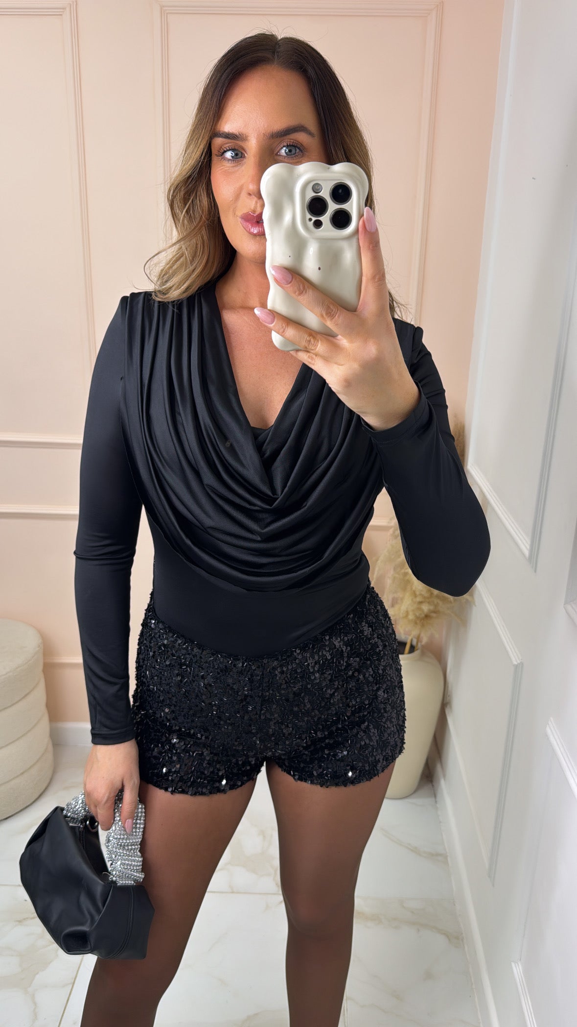 IZZY black drape slinky bodysuit