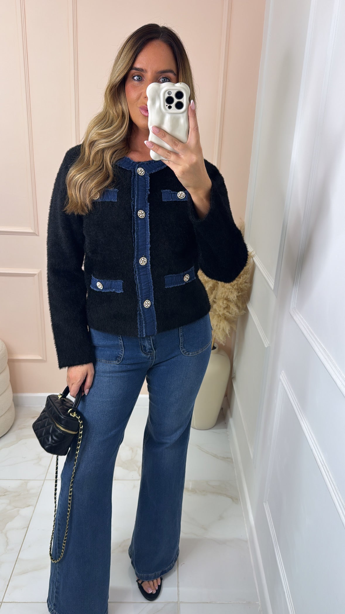 MEL black fuzzy knit studded cardigan