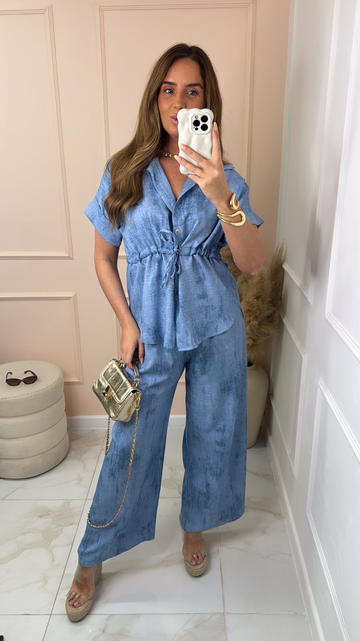 ELISE denim marble effect button shirt trouser set